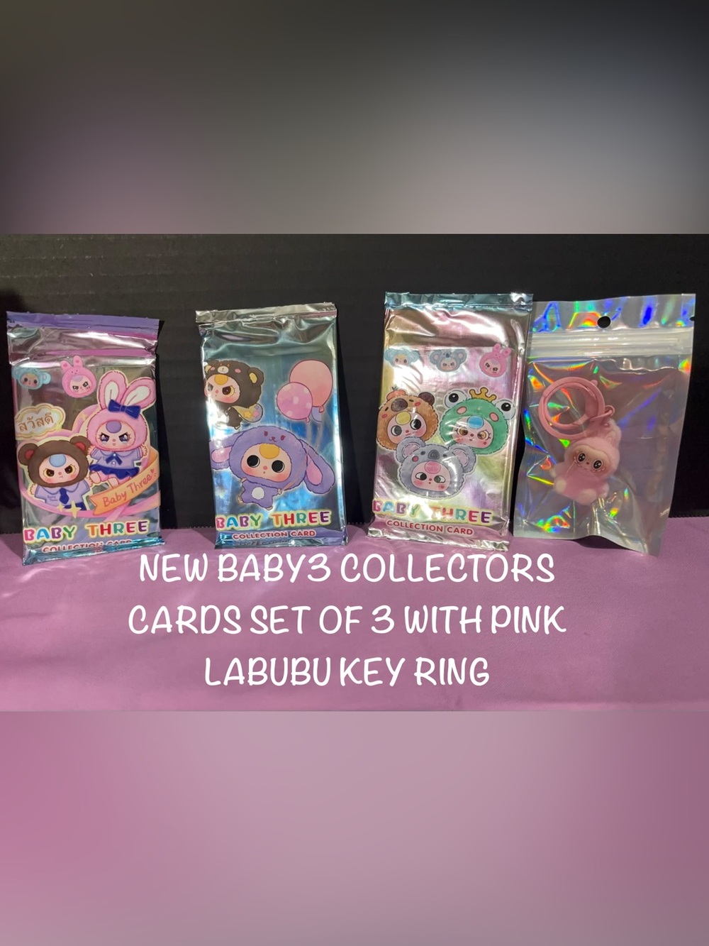 Kids Trading Cards Set of 3 with Pink Labubu Key Ring